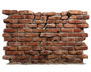 Cracked masonry on an old abandoned red brick wall. damaged detail and rustic texture create melancholic background showing inevitable decay and neglect of time