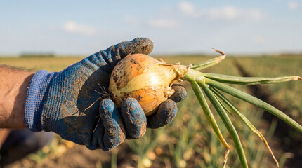 Close up of blue gloved hand presenting onion with dirt and green shoots in warm natural daylight