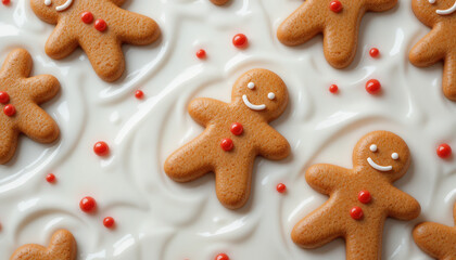 Delicious Gingerbread Cookies on Flowing White Frosting Texture