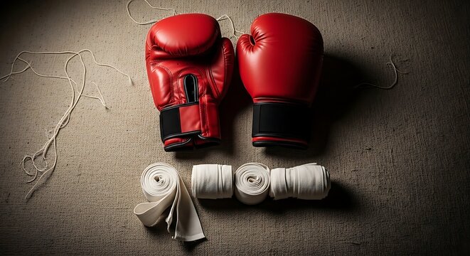 A still life of red boxing gloves and white hand wraps on a textured surface in dim lighting - Powered by Adobe