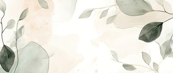 Abstract background with simple botanical elements, ink drawing, light green and beige color palette
