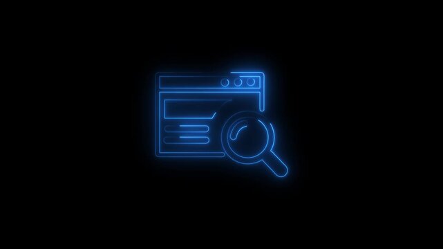 Glowing neon line Document with search icon isolated on black background. File and magnifying glass icon. Analytics research sign. 4K Video motion graphic animation.