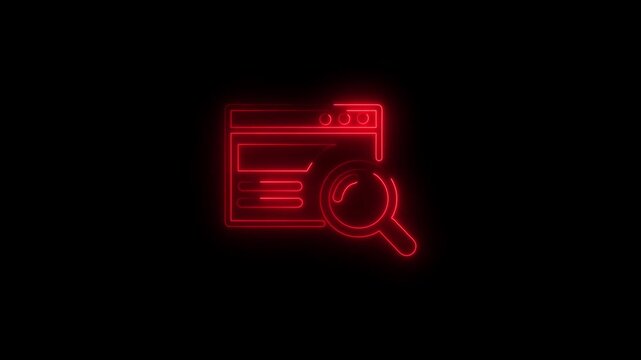 Glowing neon line Document with search icon isolated on black background. File and magnifying glass icon. Analytics research sign. 4K Video motion graphic animation.