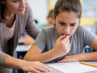 Nervous student biting nails teacher support close up exam stress anxiety education concept worried teenage girl fear failure academic pressure reassurance counselor helping school classroom 