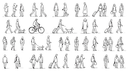 Set of detailed, hand-drawn black and white vector illustrations featuring diverse people in various casual activities, including walking, cycling, and with pets or luggage
