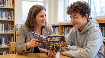 Career counselor showing brochure to male student close up future planning guidance university choice education concept smiling mentor teenager discussion happy advice high school library background