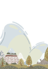 Mountain landscape lower border, hand-drawn vector illustration with abstract trees and hills in muted colors for children&rsquo;s books, backgrounds, and web design.