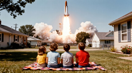 A 1960s family of four watches a powerful rocket launch from their suburban backyard, capturing the era's hope, innovation, and space exploration dreams.