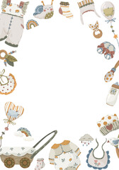 Newborn baby accessories frame, hand-drawn vector illustration border with cute clothes, toys, and stroller for baby shower invitations and cards.