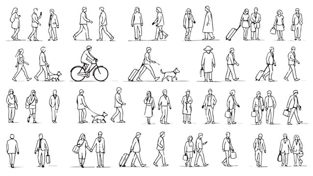 Set of detailed, hand-drawn black and white vector illustrations featuring diverse people in various casual activities, including walking, cycling, and with pets or luggage
