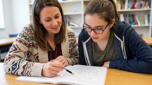 Teacher helping student with difficult task close up female tutor explaining lesson teenage girl private education academic support learning process classroom desk notebook study concentration 