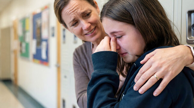 Compassionate teacher comforting crying teenage girl close up bullying support sadness depression school counselor helping emotional student hug kindness empathy mental health care education concept