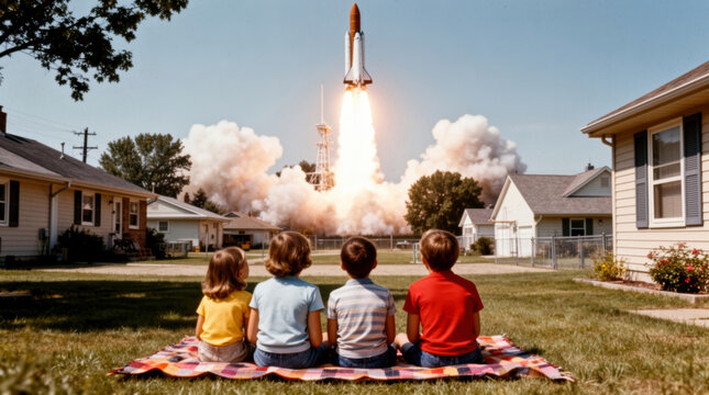 A 1960s family of four watches a powerful rocket launch from their suburban backyard, capturing the era's hope, innovation, and space exploration dreams.