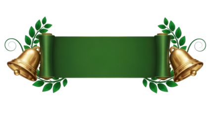 Isolated decorative scroll banner with bells and leaves, festive season decorative vector art