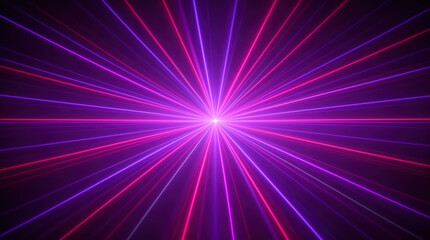 Vibrant purple and pink laser rays converge from a dazzling central light, creating an immersive, volumetric digital energy artwork.