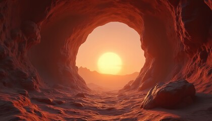 Cave entrance reveals bright sunset on Mars. Alien planet landscape with orange glow and red rocks looks like game background. Sci-fi scene of desert and sun on virtual terrain.