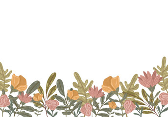 Wildflower lower border, hand-drawn vector illustration with colorful field flowers and large leaves for posters, banners, and spring or summer event invitations.