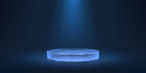 A banner featuring an icy round podium on a blue background with spotlights and falling snow.