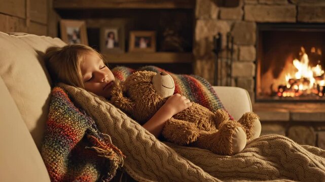 Girl sleeps with teddy bear on sofa near fireplace at home. Child hugs teddy under cozy blanket by fire. Girl rests with bear near fireplace. Kid sleeping with teddy on sofa. Cozy child by fire.