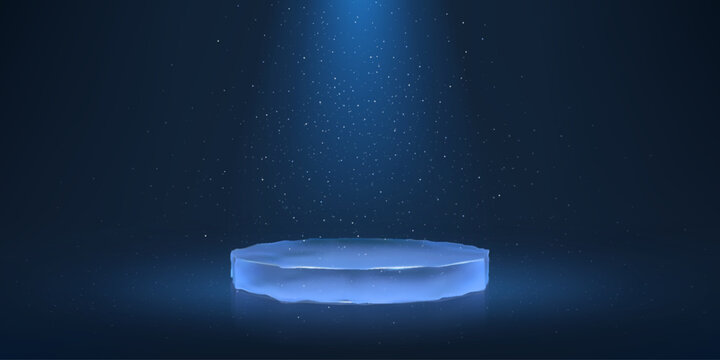 A banner featuring an icy round podium on a blue background with spotlights and falling snow.