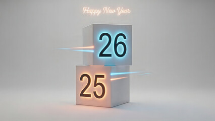 Stacked cubes with 25 and 26 glowing new year transition