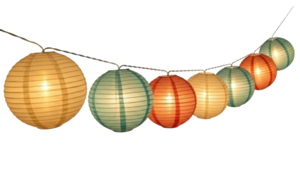 Isolated festive string of paper lanterns with warm lighting for a party or celebration