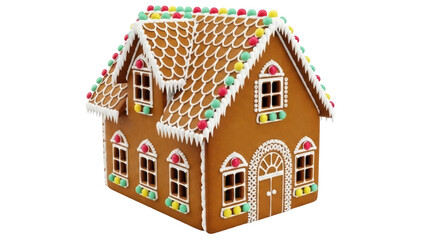 Fototapeta premium Isolated gingerbread house with decorated roof, windows, and door on neutral background