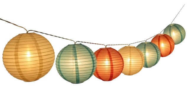 Isolated festive string of paper lanterns with warm lighting for a party or celebration