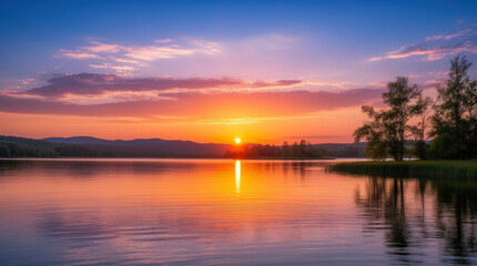 Obraz premium A breathtaking summer sunset casts vibrant orange and pink hues over a tranquil lake, reflecting the sky's serene beauty.