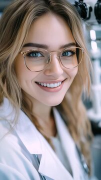 The smiling scientist is in her laboratory, working on an experiment. She is wearing glasses and goggles while surrounded by research equipment.