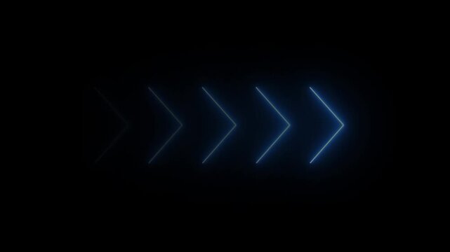 Abstract glowing neon Right directional looping arrows on black background. Glowing Right arrow looping animated. Animated traffic directional arrows sign.