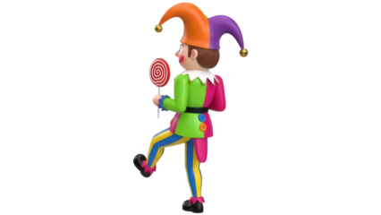 Isolated jester with candy, whimsical clown with colorful costume, playful mascot, figurine