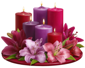Romantic candle centerpiece with red and purple glowing lily flower. An elegant decoration creating warm, intimate ambiance perfect for wedding or celebration