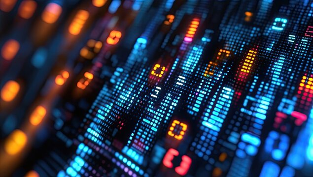 Abstract digital data flow with binary code and colorful waves on a dark blue background