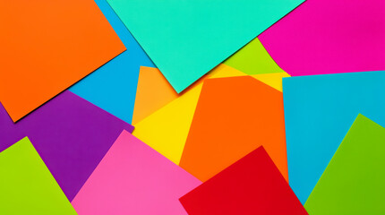 Obraz premium An energetic, abstract flat lay of overlapping colorful vivid papers creating a dynamic background, symbolizing creativity, diversity, and playful expression.