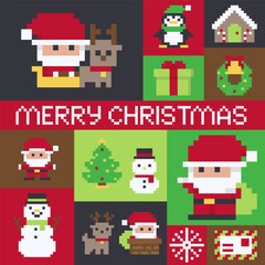 Pixel Art Merry Christmas Greeting Grid with Holiday Characters