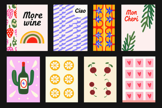 Colorful graphic designs featuring fruit plants and playful typography arrangements