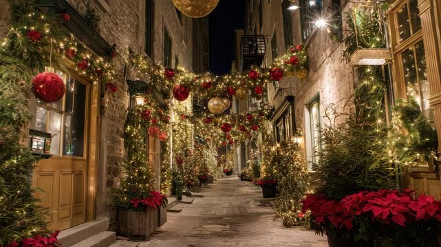 Festive Alleyway Illuminated With Christmas Decorations at Night Red Ornaments Garlands Glowing Lights and Evergreen Trees Lining Cobblestone Path