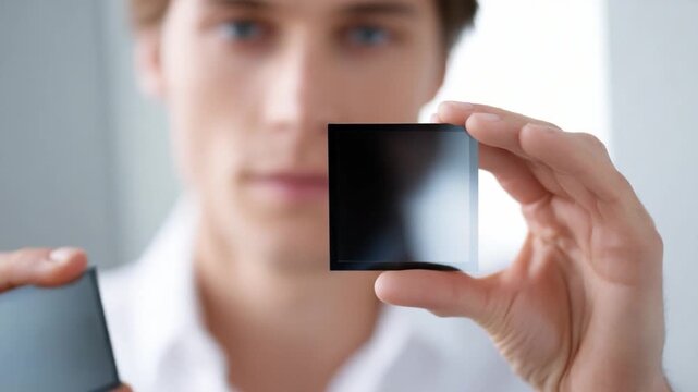 Explore the vision of technology and innovation through a man holding a black square object. The style is modern and aims to inspire curiosity. AI