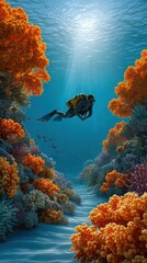 Scuba diver explores vibrant coral reef with sunbeams piercing the ocean surface
