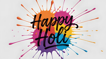 Vibrant happy holi greeting card design featuring colorful paint splashes and bold black calligraphy text