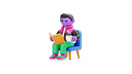3D Cartoon Character Reading Book and Drinking Coffee