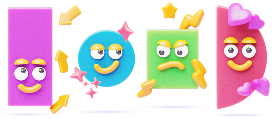 Geometric shape characters with face emotions. Cartoon 3d set of cute rectangle, round, square, half circle, heart, star, spiral, arrow, lightning. Basic figures for learning objects. 3D illustration