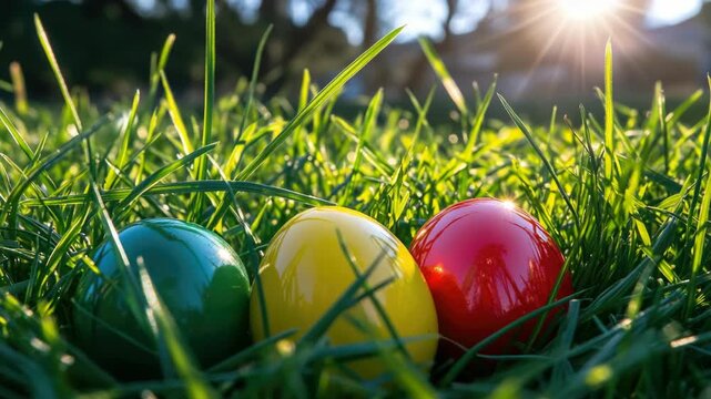 Variety of colored plastic eggs in a grassy lawn with sunlight shining.