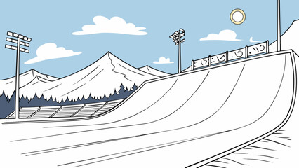 Snowboarders compete on illuminated ski slope with snowy mountains