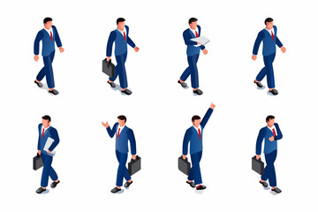 Isometric businessmen in various poses walking and interacting with phones