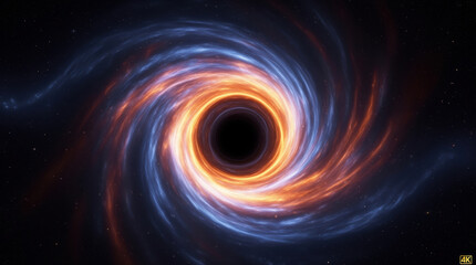 Obraz premium Hypnotic black hole or wormhole featuring a swirling accretion disk of orange and blue matter, representing cosmic mysteries and interstellar travel.