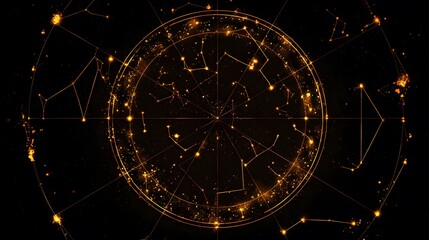 Dark festive background featuring a mesmerizing gold constellation pattern with sparkling elements, creating a magical atmosphere perfect for holiday celebrations and celestial themes
