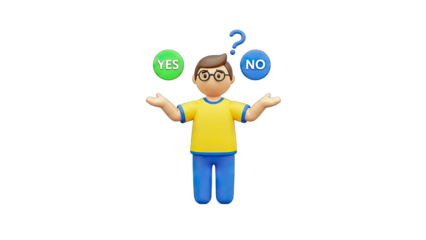 3D Cartoon Man Choosing Between Yes or No Decision