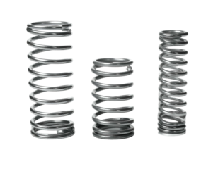 Three coiled metallic tension springs of varying sizes